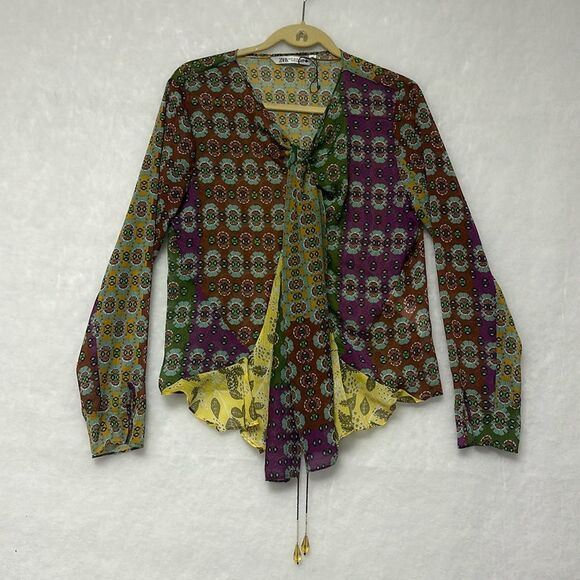 ZARA Zodiac Multicolor Printed Boho Blouse Shirt Bow Tie Sz M Crystal Drops - Picture 5 of 13